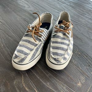 Blue and White Stripped Sperry Loafers
